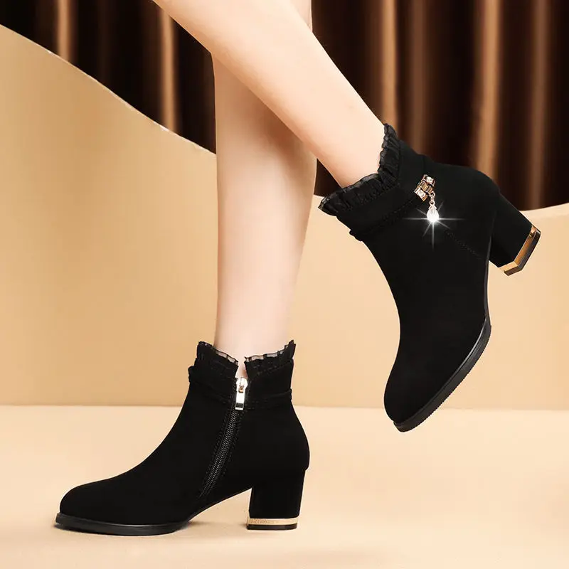 Autumn and Winter Suede Women Ankle Boots Thick Heel Sexy Women\'s Boots Lace All-match Side Zipper High Heels Women Nude Boots