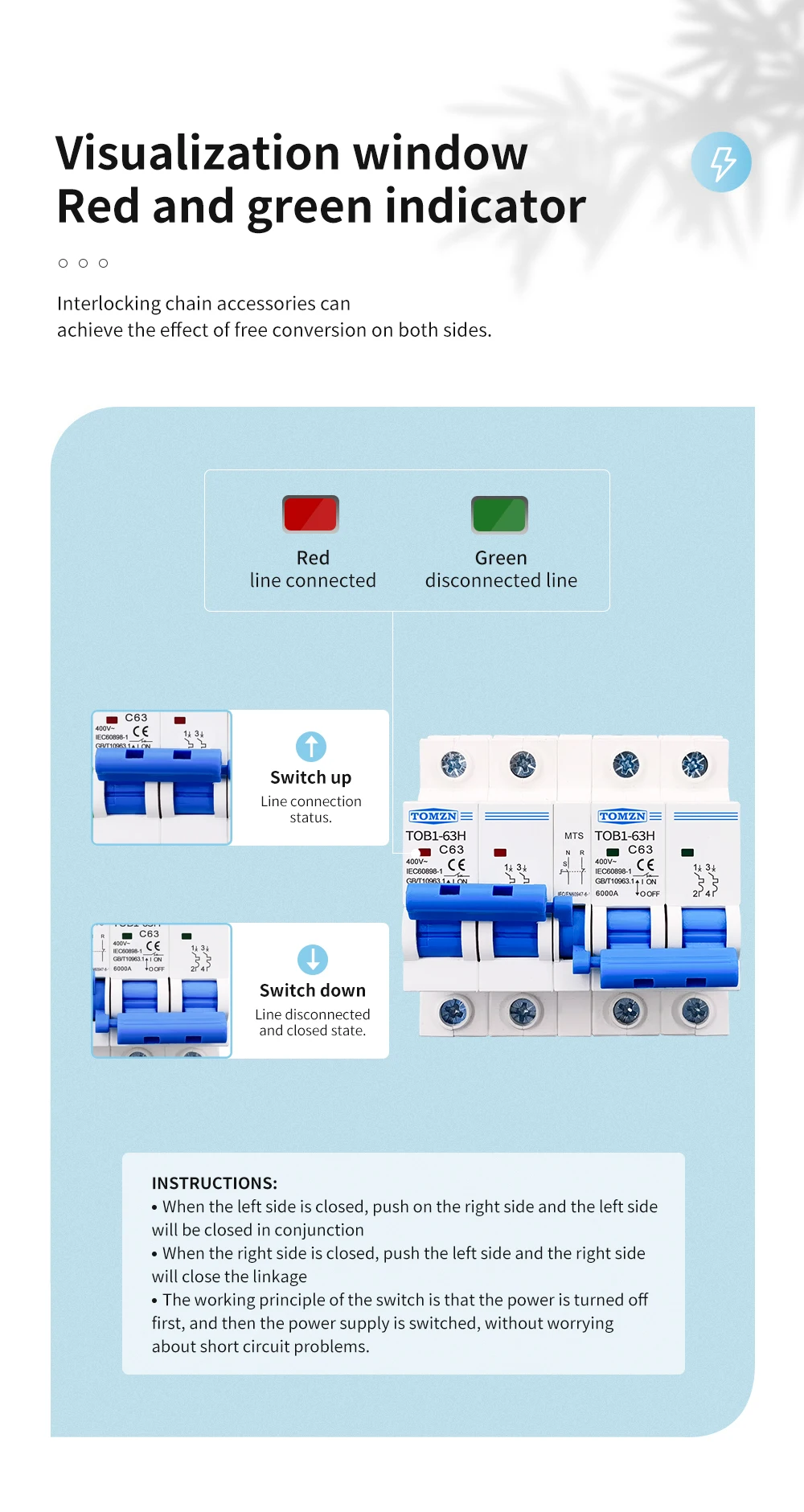 2P+2P MTS TOMZN AC Dual-Power Manueller Transferschalter Leistungsschalter MCB 50HZ/60HZ – Detail 3