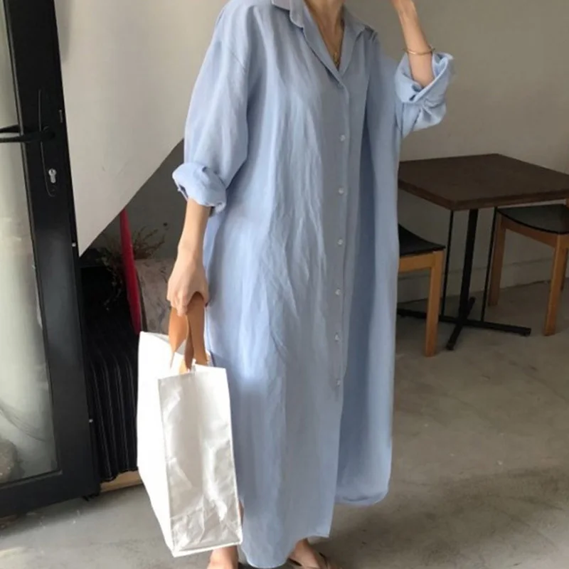 LANMREM 2025 Spring Long Lapel Shirt Dress Women's  Loose Cotton Linen Single Breasted Dresses New Arrivals 2D6074