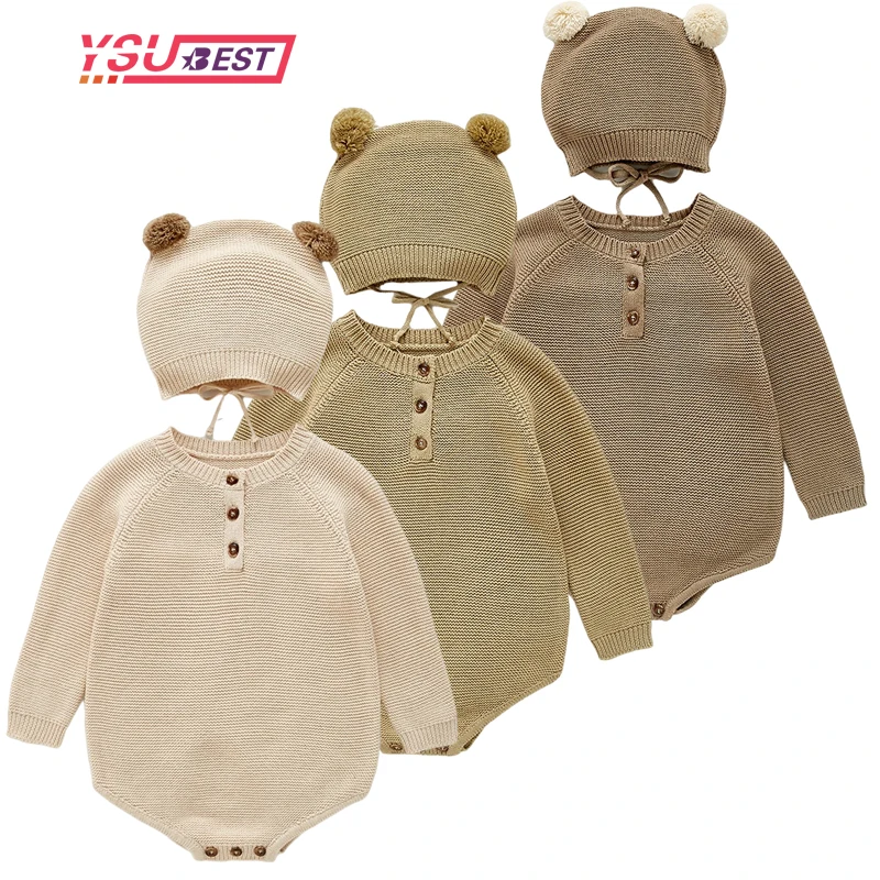 2021 Autumn New Toddler Baby Boys Girls Knitted Bodysuit Infant Jumpsuit Knitwear Outfits Newborn Baby Sweater And Baby Knit Hat