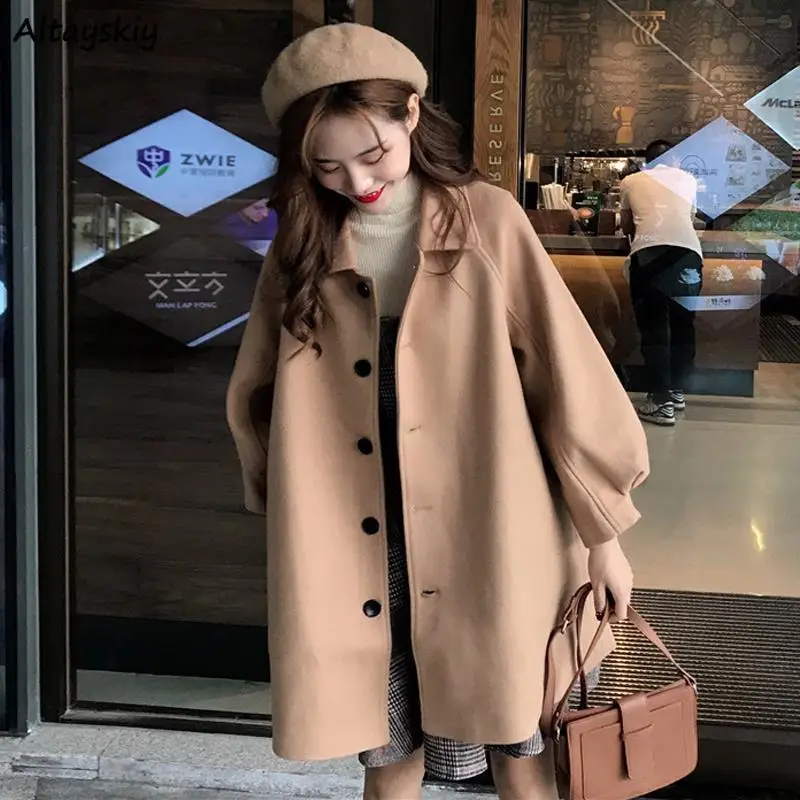 

Long Blends Women Khaki Fall Retro Single Breasted Pure Wide-waisted Lantern Sleeve Lady Coats Casual Clothing All-match Ulzzang