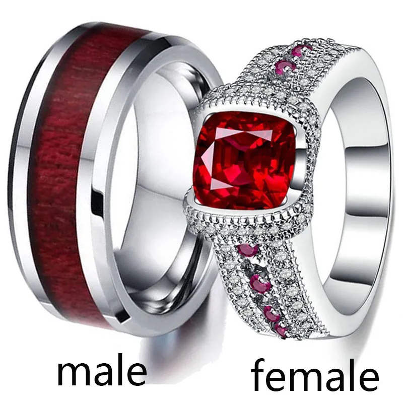 Sz5-12 Couple Rings His Hers Tungsten Steel Wood Grain Mens band  Red crystal Women's Wedding ring