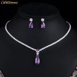 CWWZircons Top Red Purple Cubic Zirconia Water Drop Fashion Women Engagement Party Jewelry Set for Wedding Bridesmaid Gift T525