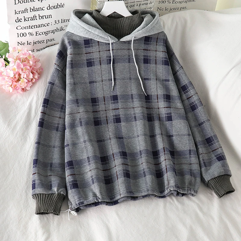 Harajuku Plaid Hooded Hoodie Women Loose Autumn Winter Thick Warm Pullover Sweatshirts Female Oversized Sudaderas Mujer