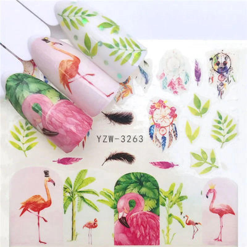 

1 Pc Water Nail Stickers Decal Marine Life Flamingo Leaf Transfer Nail Art Decorations Slider Manicure Watermark Foil Tips