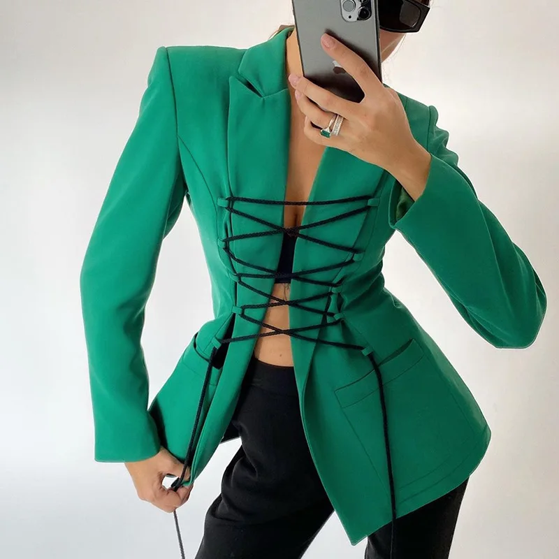 Drawstring Suit Woman Notched Full Sleeve Solid Blazer Drawstring Pockets Office Lady Style European American Style Autumn Slim