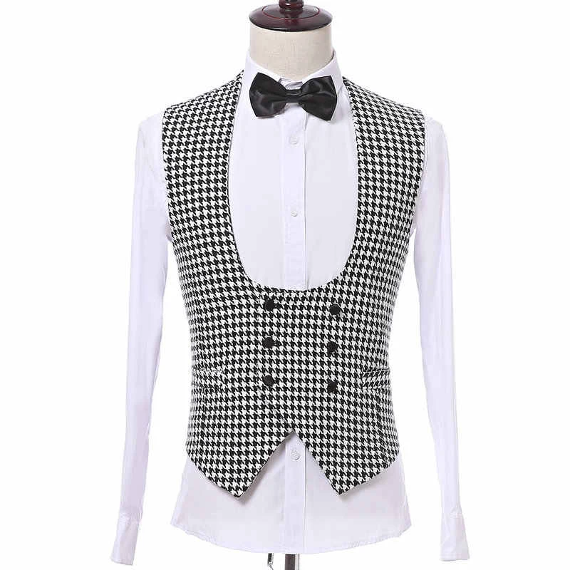 Check Plaid Suit Vest Men with Double Breasted for Gentleman Single One Piece Casual Houndstooth Waistcoat Fashion Costume