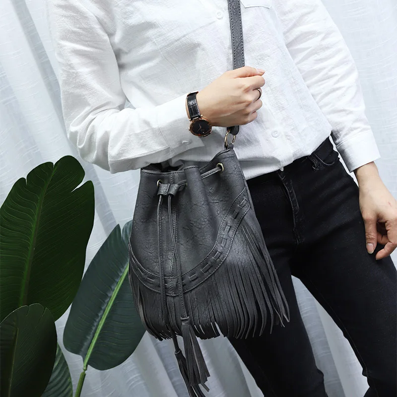 Casual Drawstring Factory Handmade Tassel Bucket Bags Women Shoulder Messenger Bag Ladies Female Vintage Envelope Bag Party 2020