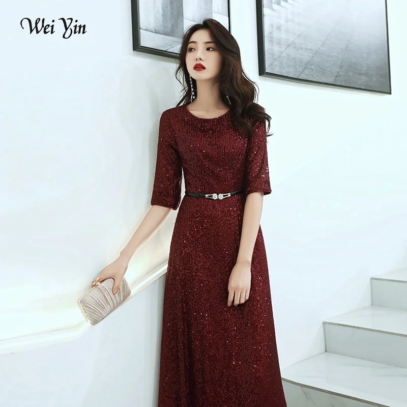 

wei yin AE0410 New arrival Wine Red Sequined Evening Dress 0-Neck Half sleeves Simple Evening Gowns Long Party Dresses