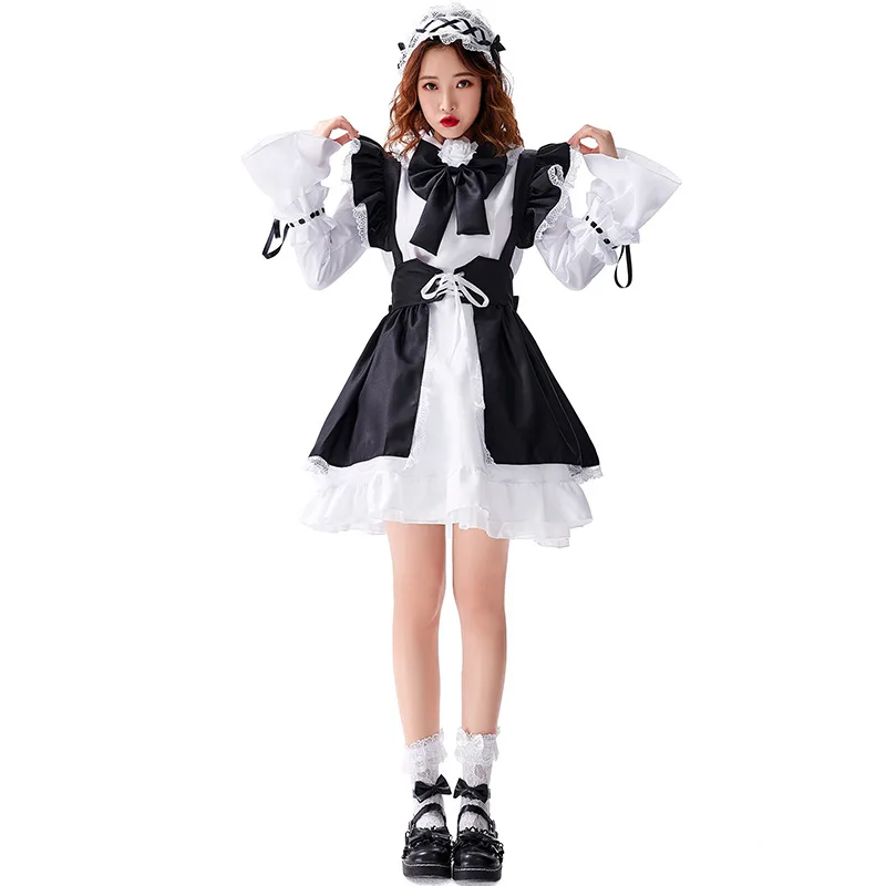 Pluz Kích Thước Đen Trắng Gothic Dài Tay Người Hầu Gái Lolita Đầm Trang Phục Cosplay Bộ Đồ Cho Bé Gái Người Phụ Nữ WaitressParty Trang Phục Sân Khấu