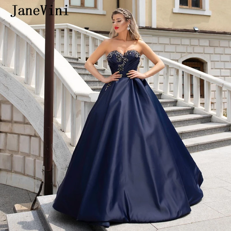 JaneVini Charming Navy Blau Lange Prom Kleider 2020 EINE Linie Schatz Kristall Perlen Satin Bodenlangen Pageant Formale Prom Kleider