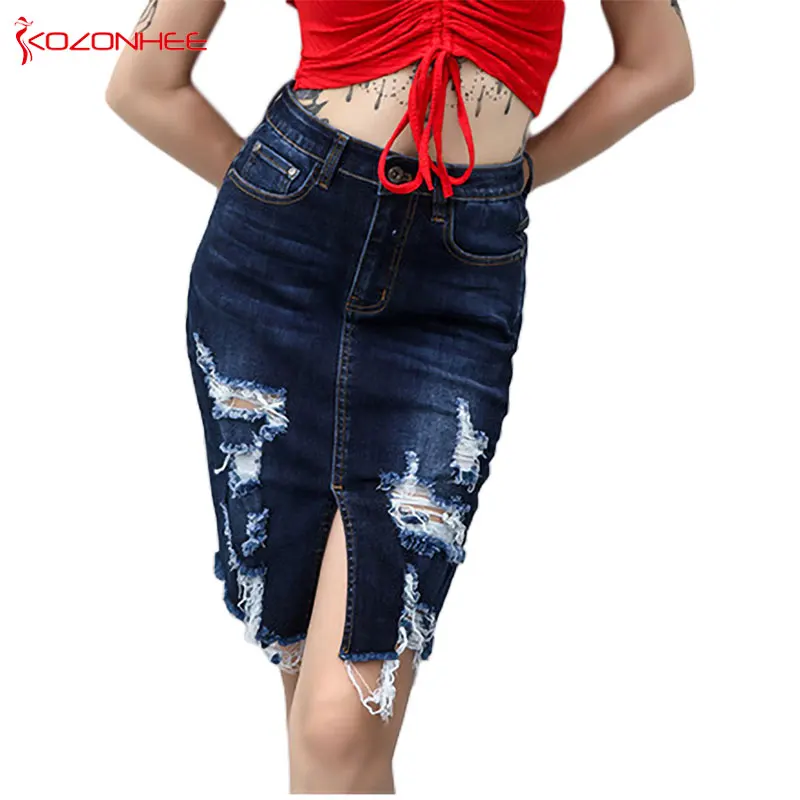 

Fashion Hole Stretch Denim Skirts With High Waist Women Empire Knee-Length Pencil Skirt for Female #74