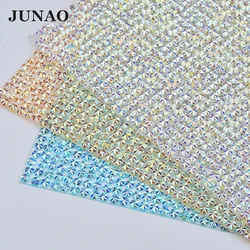 JUNAO 24*40mm Glitter Hotfix AB Crystal Rhinestone Mesh Trim Crystals Fabric Sheets Resin Strass Motifs for DIY Decoration