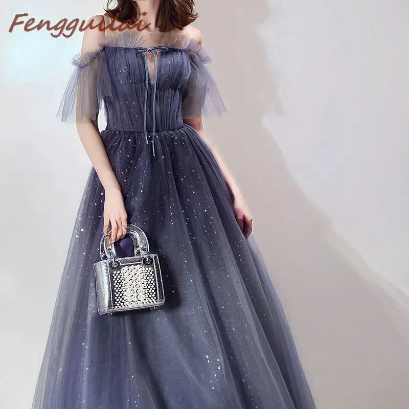 

FENGGUILAI New Blue Women Dress Lace Sleeveless Wedding Long Floor Length Elegant Ladies Dress Party Ball Gown Vestidos Fashion