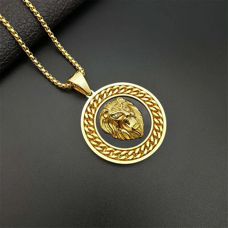 Mens Lion Head Necklace Pendant With Cuban Chain Male Hip Hop Gold Color Stainless Steel Animal Necklace Golden Jewelry Dropship