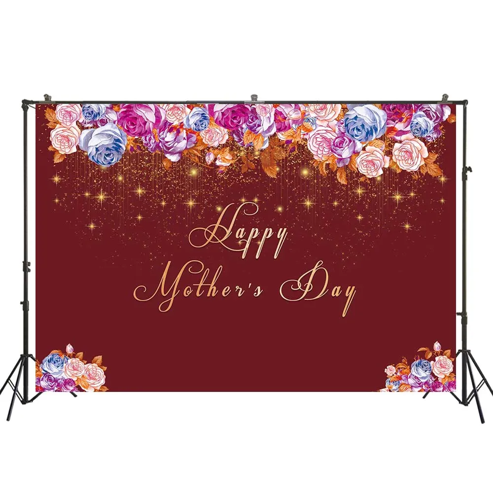 

Happy Mother's Day Background Flower Golden Glitter Red Photography Backdrop Woman Party Photocall Photophone W-5394