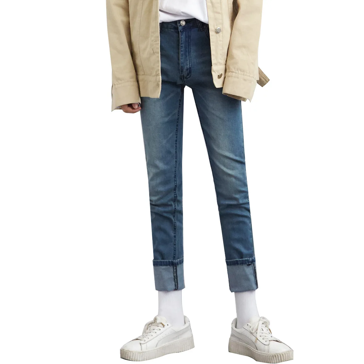 Korean Spring Autumn Men Jeans Trousers Slim Fit Teen Nostalgia Blue Denim Pants Casual Tapered Stretch Male Vintage Jeans Men