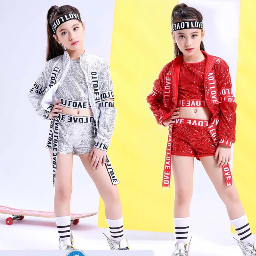 Children Perform Fashion Sequins Jazz Dance Costumes Girl Long Sleeve Hiphop Street Dance Clothing Exposed Navel Vest Suit