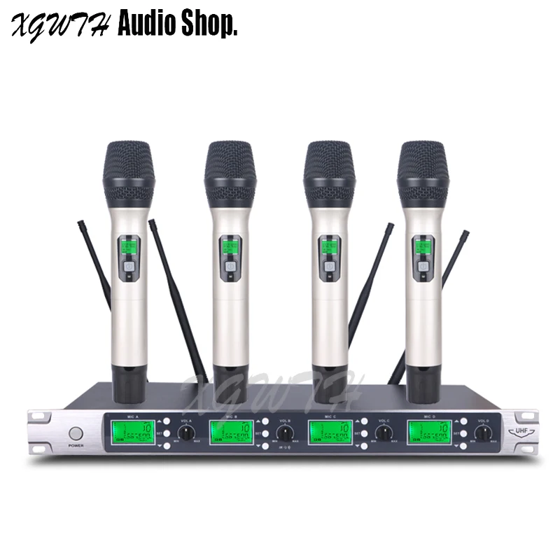 UHF Wireless Microphone System Professional Adjustable Four Channel Dynamic Super Cardioid Handheld Mic Karaoke Party Stage