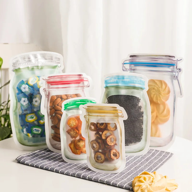 Mason Jar Bottles Ziplock Bags Reusable Food Storage Bag for Snacks Nuts Candy Biscuit Cookies Bags Kitchen Organizer Sealed Bag