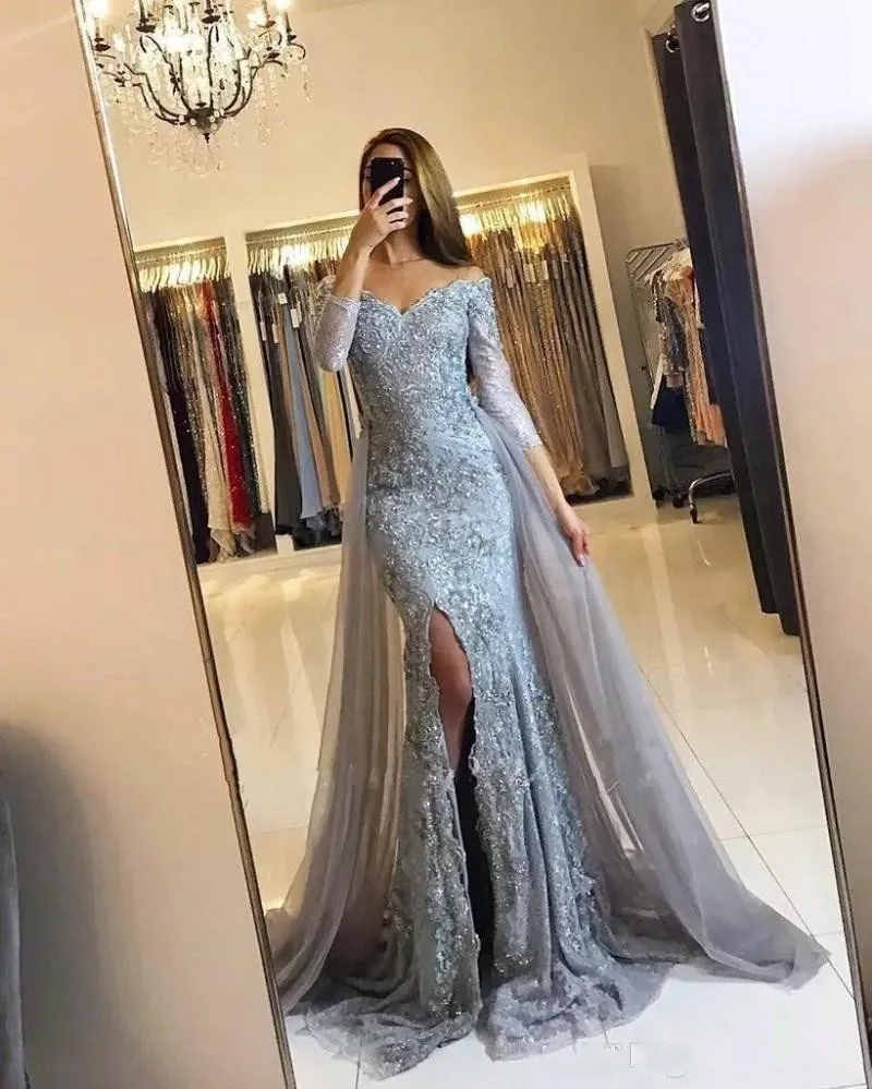 Vestidos de Noche musulmanes negros, Mangas de sirena 2019, encaje con cuentas, corte de tul con cuello en V, caftán Dubai árabe saudita, vestido de noche largo 3/4