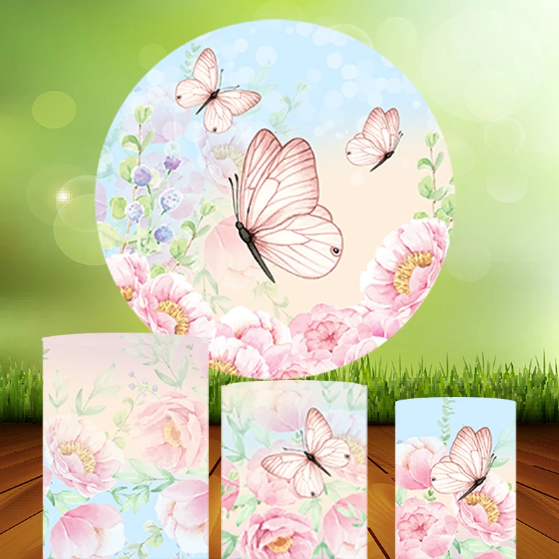 Pink Spring Garden Butterfly Flower Circle Backdrop Baby Shower Birthday Party Decor Candy Table Cylinder Cover Round Background