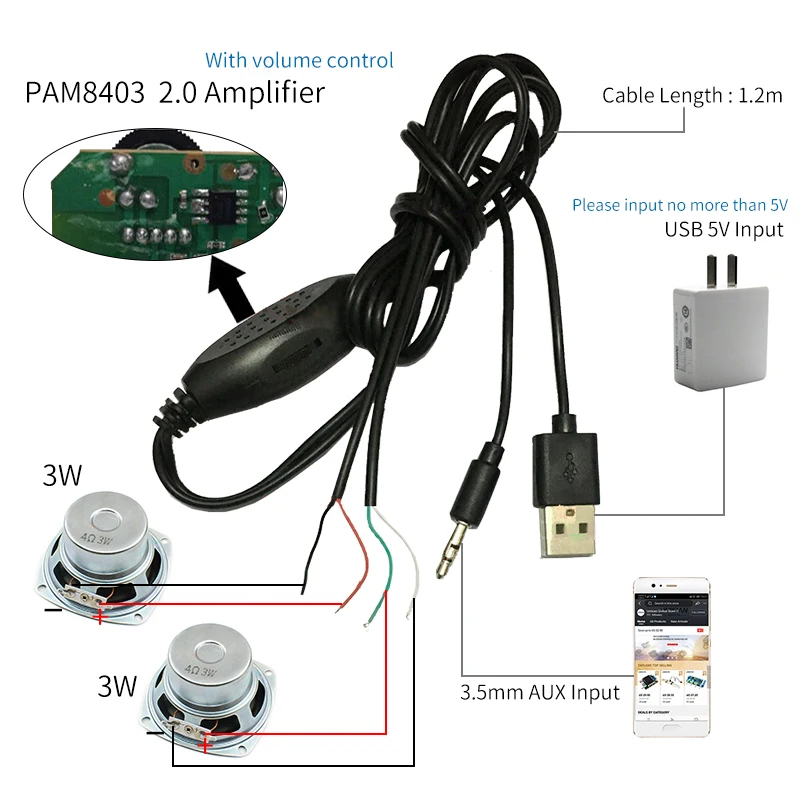 UNISIAN-팜8403 2.0 채널 전력 증폭기 2x3w 디지털 앰프 보드, 팜8403 클래스-D 앰프, 케이블 볼륨 제어 DIY