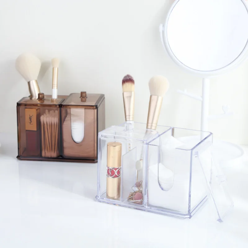 

4 Slots Cotton Pad Organizer Clear /Coffee Cotton Swab Storage Box Makeup Organizer With Cover Dustproof Brush Holder