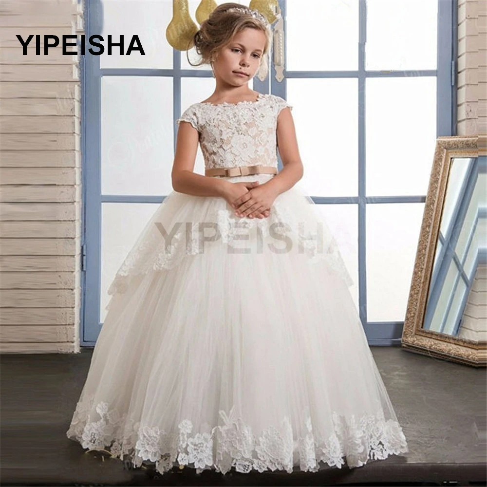 Vestido de flores sin mangas con cuello redondo para niños, apliques de encaje, línea A, vestido de boda Formal, novedad de 2021