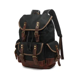 15” Laptop Backpacks Men Bag Vintage Military Canvas Large Capacity Outdoor Mountaineering Travel Rucksack Leather School Bags