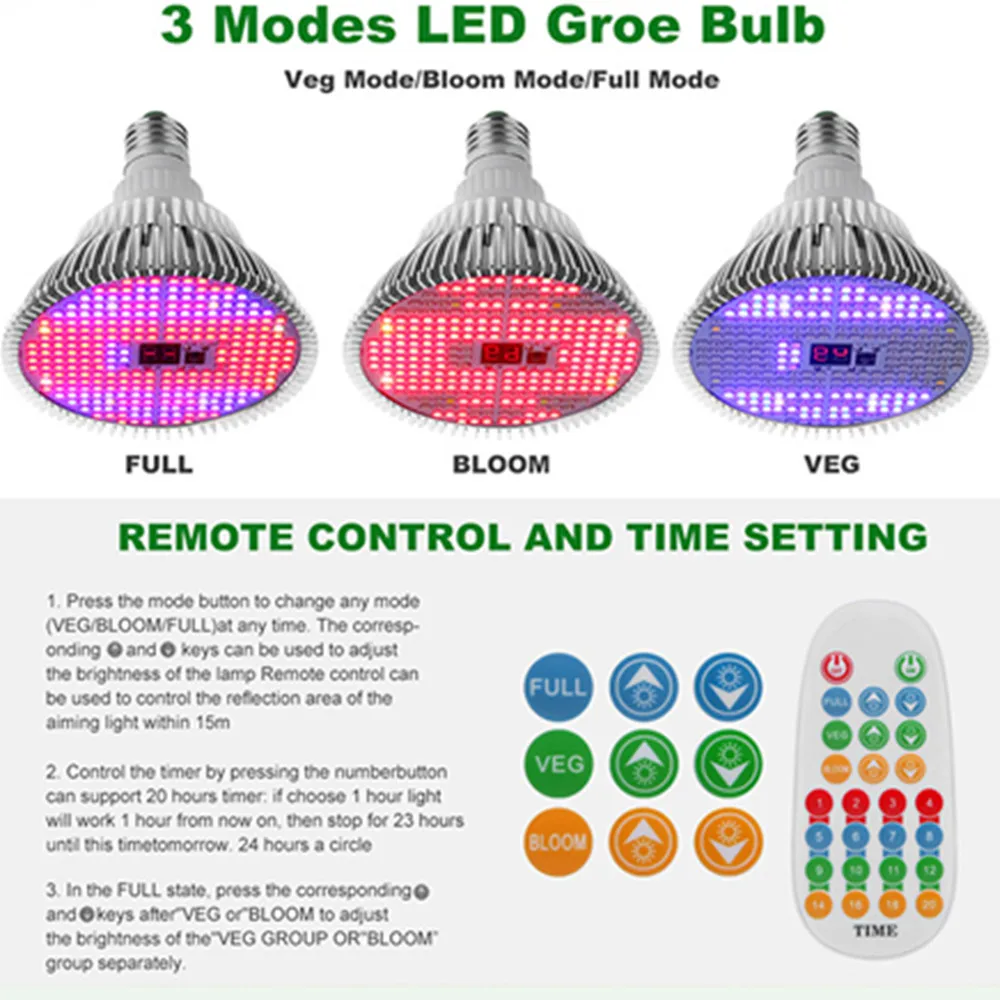 E27 Remote Dimming VEG/Bloom Full Spectrum 100W Timed Display Led Grow Light Grow Lamp For Hydroponics Aquarium Indoor Plant