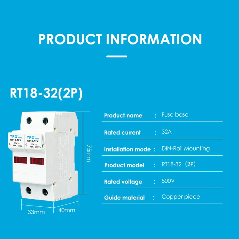 AC 1PC 2P Fuse Base 690V 32A With LED light Matching Fuse 10x38MM R015 only Fuse Base RT18-32X
