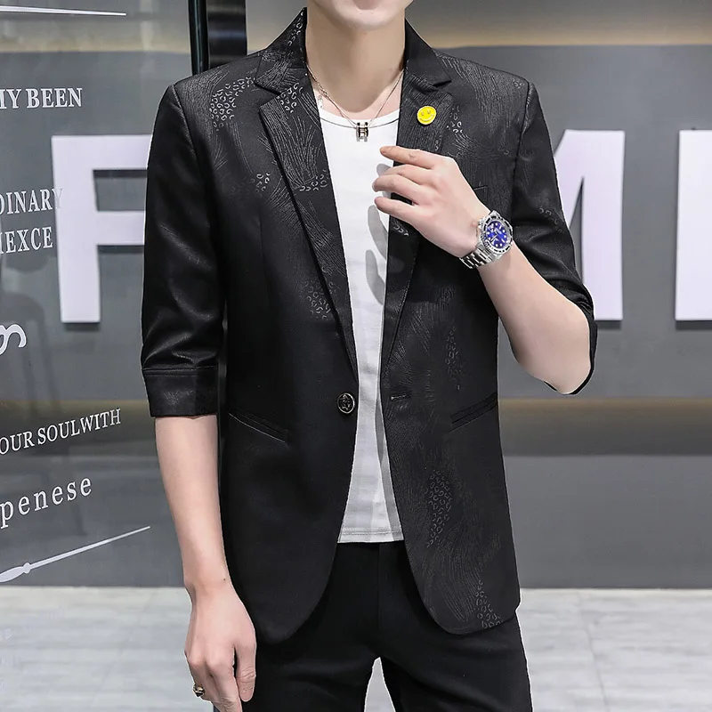 Fashion 2024 Spring Summer Thin Slim Fit Blazers Casual Men's Half Sleeve Suit Coat Outwear Korea Style Single Button Top Jacket