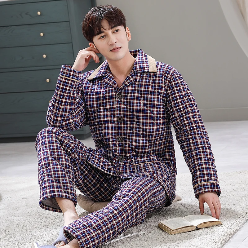 Winter Thick Cotton Quilted Men Plaid Pajamas Sets of Sleep Tops & Bottoms Male Flannel Warm Sleepwear Thermal Home Clothing