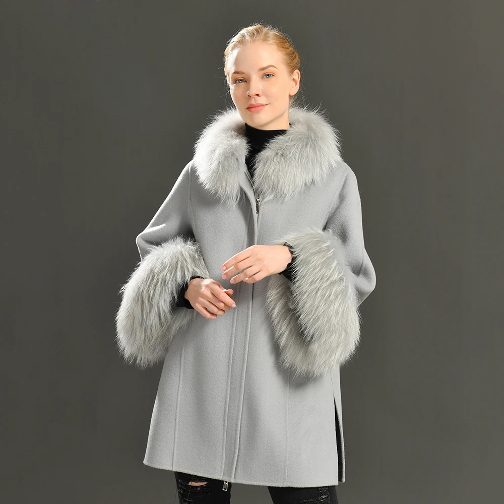 

Jxwatcher Fall Winter Fashion Solid Wool Coat Real Fur Collar Cuffs Long Sleeves Zipper Casual Office Lady Loose Style Overcoats
