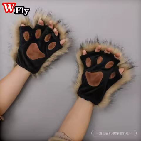 Harajuku Women girls Plush Animal Claw Gloves Half Finger Wolf Cat's Paw Gloves Halloween Lolita Cosplay Anime Set Accessories