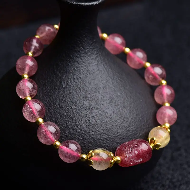 Natural Pink Strawber Crystal Stone Beaded Bracelets Women Charm PiXiu Beaded Brcelet DIY Accessories Gift Droship