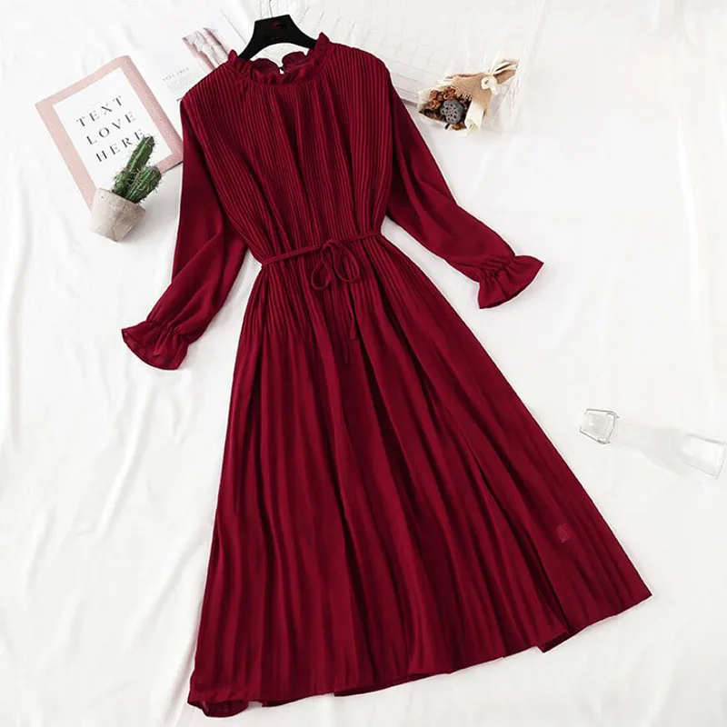 Spring Summer French Vintage Long Dress 2021 Women Elegant Long Sleeve Loose Solid color Chiffon Pleated Dresses Femme Robe