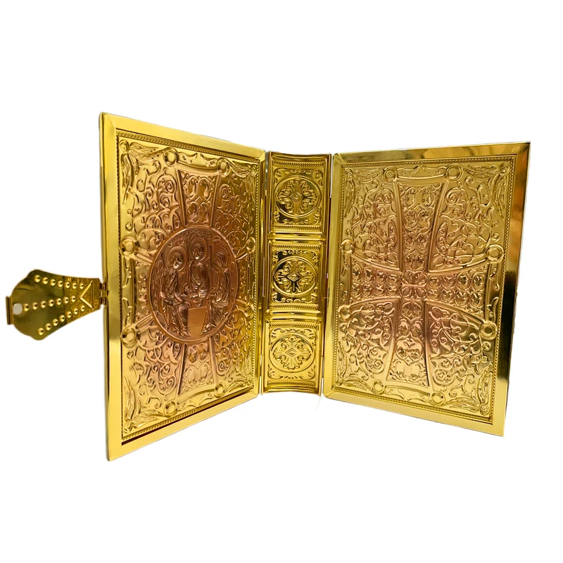 Luxury Gilded Enamel Orthodox Gospel Book Cover Intricate Carved Holy Trinity Relief Ornament Elegant Alloy Liturgical Protector