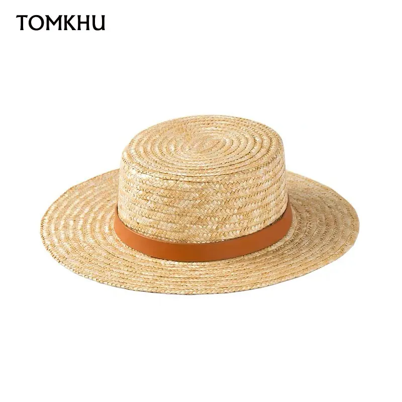 Summer Unisex Handmade Natural Wheat-Straw Women Sun Hat With Leather Strap Wide Brim Flat Top Hats Men Beach Solid Caps Sun