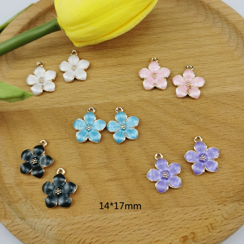 20pcs Metal Enamel Flower Charm Blue Purple Pink Color Pendants For Bracelet Earrings Jewelry DIY Accessories Findings 14*17MM