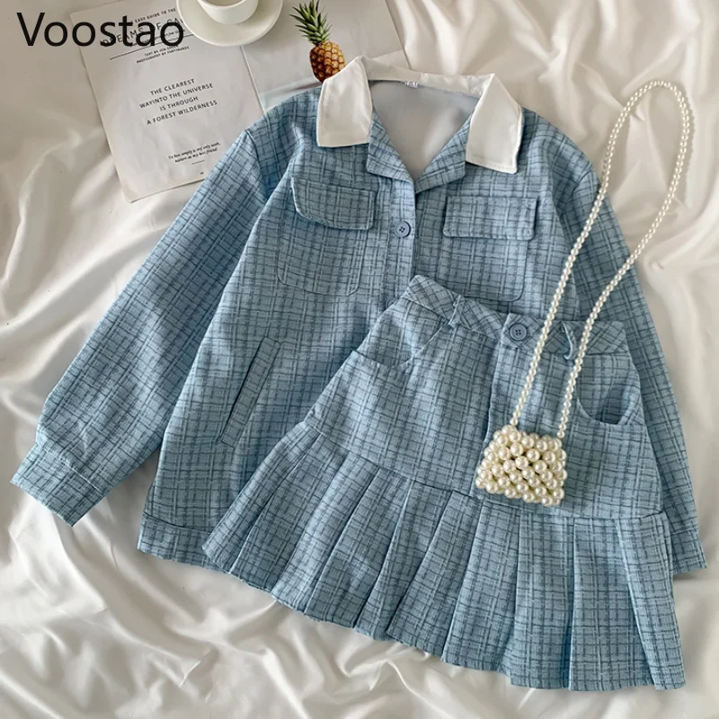 Spring Autumn Korean Sweet Lolita Style Skirt Sets Women Elegant Turn-Down Collar Plaid Coats Tops Chic Mini Pleated Skirts Suit