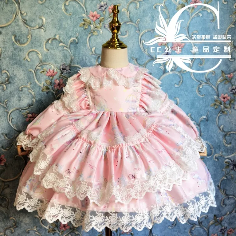 Baby girl spring autumn pink Spanish  ball gown dress kids lace stitching long sleeve birthday party princess dress