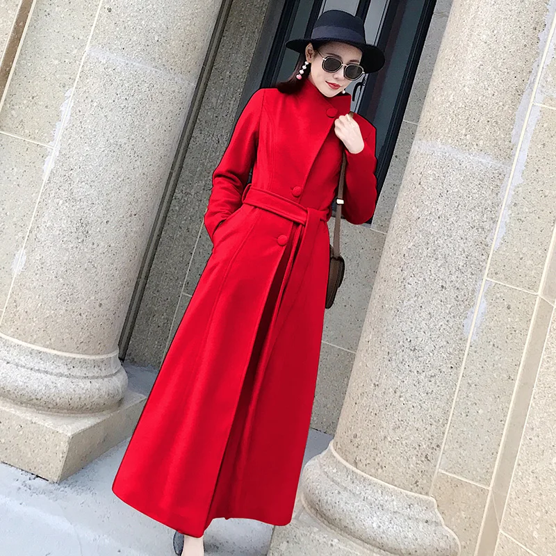 

New Women Wool Coat Long Slim Woolen Coat Single-breasted Elegant winter Warm Coat