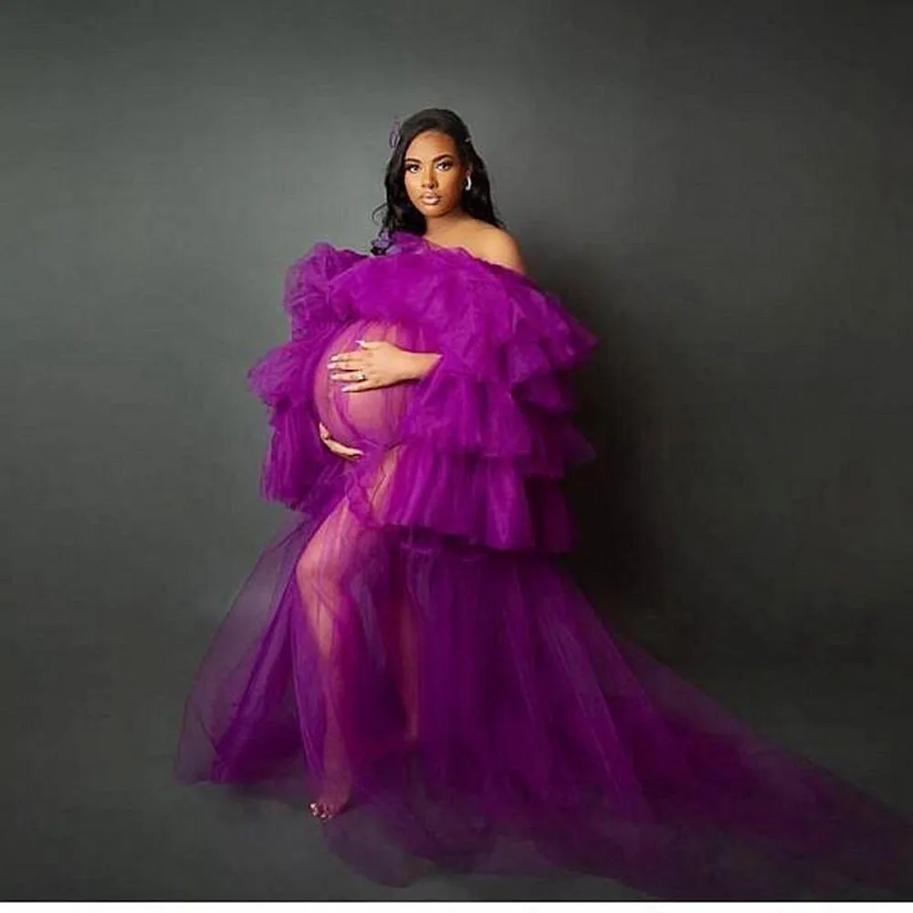 

Purple Puffy Photo Evening Dress Bride Photo Robes Maternity Tulle Robe for Photoshoot Sheer Sexy Off-Shoulder Babyshower Gowns