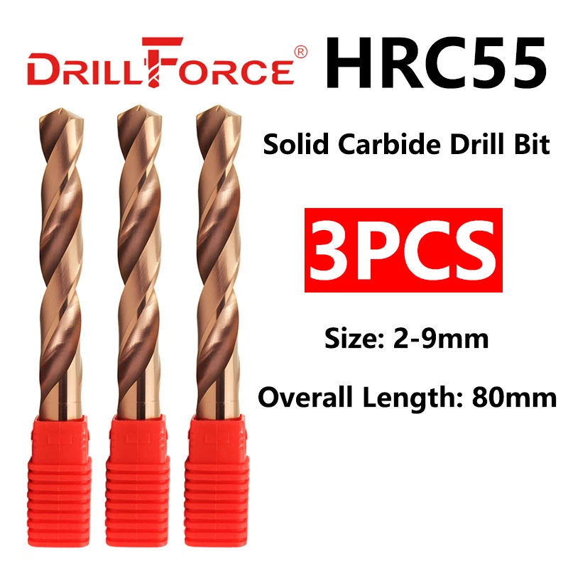 Drillforce 3PCS 2mm-9mmx80mm OAL HRC55 Zestaw wierteł pełnowęglikowych, spiralne wiertło kręte do narzędzi ze stopu twardego ze stali nierdzewnej