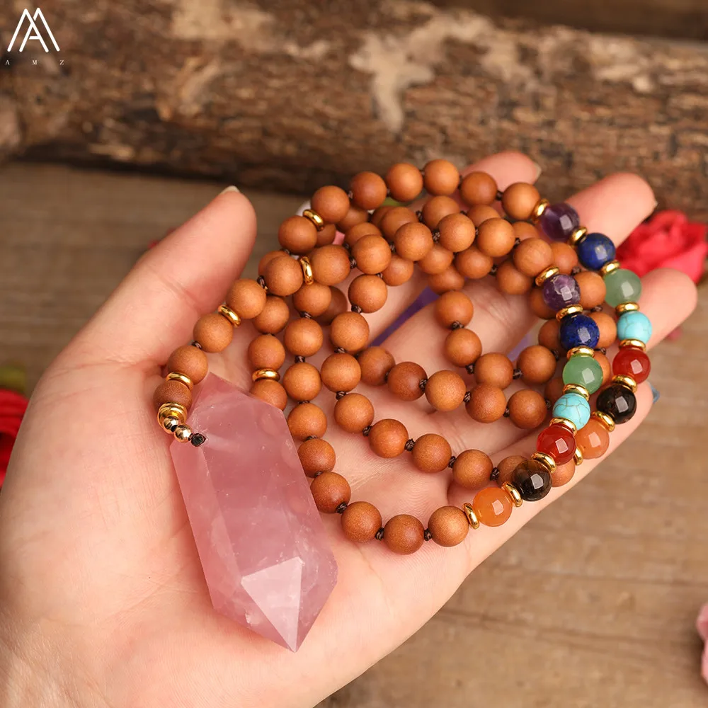 Natural Quartz Crystal 7 Chakra Reiki Beads Handmade Necklace Round Fragrant Sandalwood Beads Knot Necklace Jewelry For Women