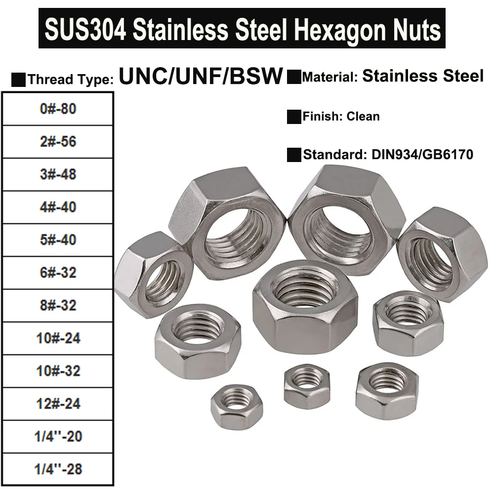 

10-50Pcs 0# 2# 3# 4# 5# 6# 8# 10# 12# 1/4'' UNC/UNF/BSW Thread SUS304 Stainless Steel Hexagon Nuts DIN934 GB6170