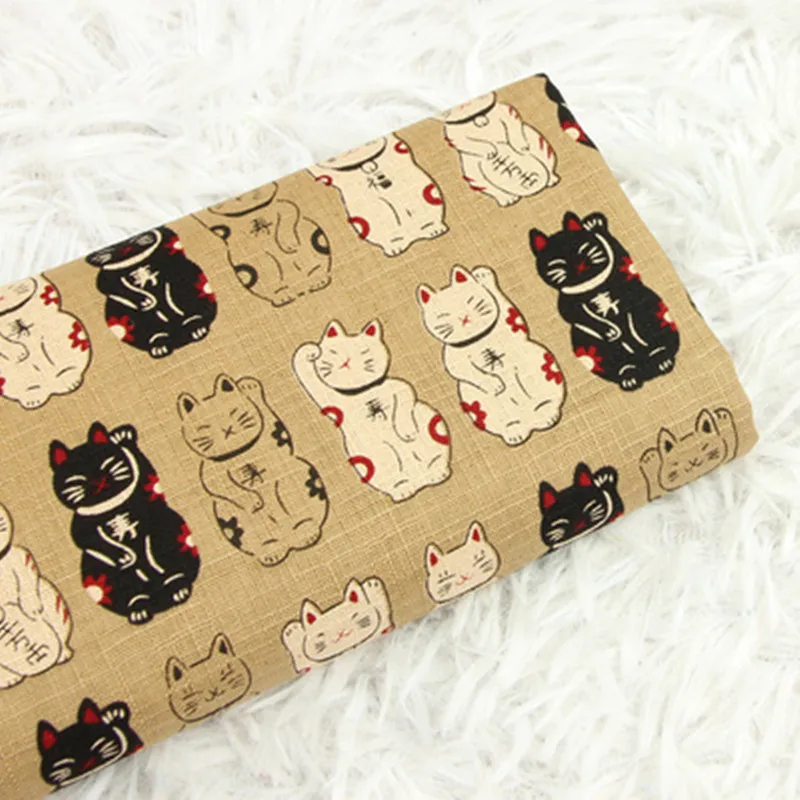 Half Yard Slub Cotton Fabric Japanese Soft Breeze Fortune Cat Print, Handmade DIY Bag Garment Sewing Material CR-630