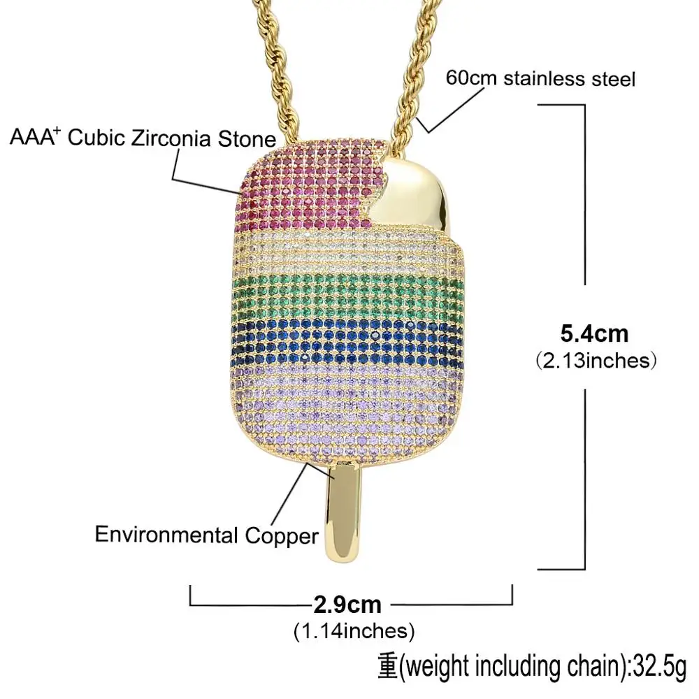 Hip Hop 5 Colors AAA CZ Stone Paved Bling Iced Out Ice cream Pendants Necklace for Men Rapper Jewelry Drop Shipping Gold Color